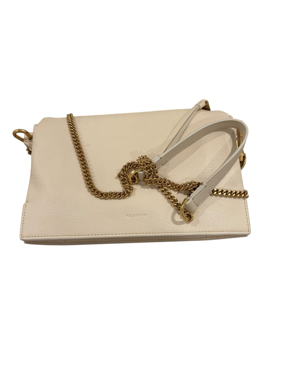 All Saint Leather Crossbody Bag in Cream with Gold Chain Strap - Picture 3 of 6